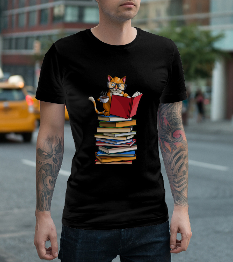 Cute Cats Books And Tea Funny Bibliophile Kitty Glasses Red Book Coffee Stack T-Shirt