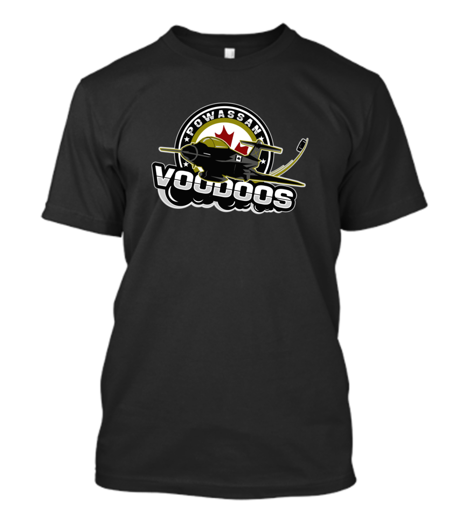 Powassan Voodoos Hockey Team Logo Maple Leaf Plane Puck T-Shirt