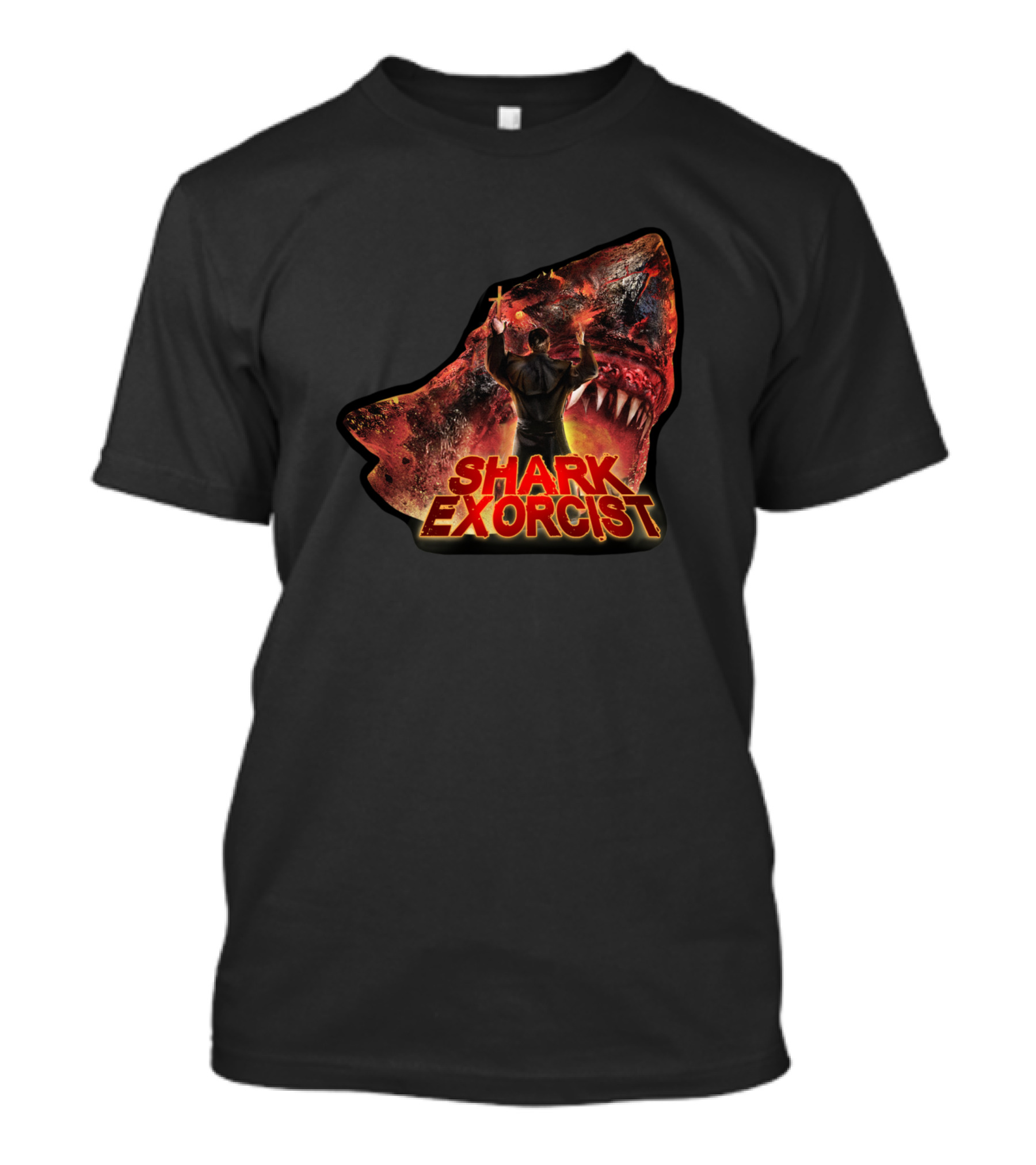 Shark Exorcist Movie Graphic With Priest And Demon Shark T-Shirt