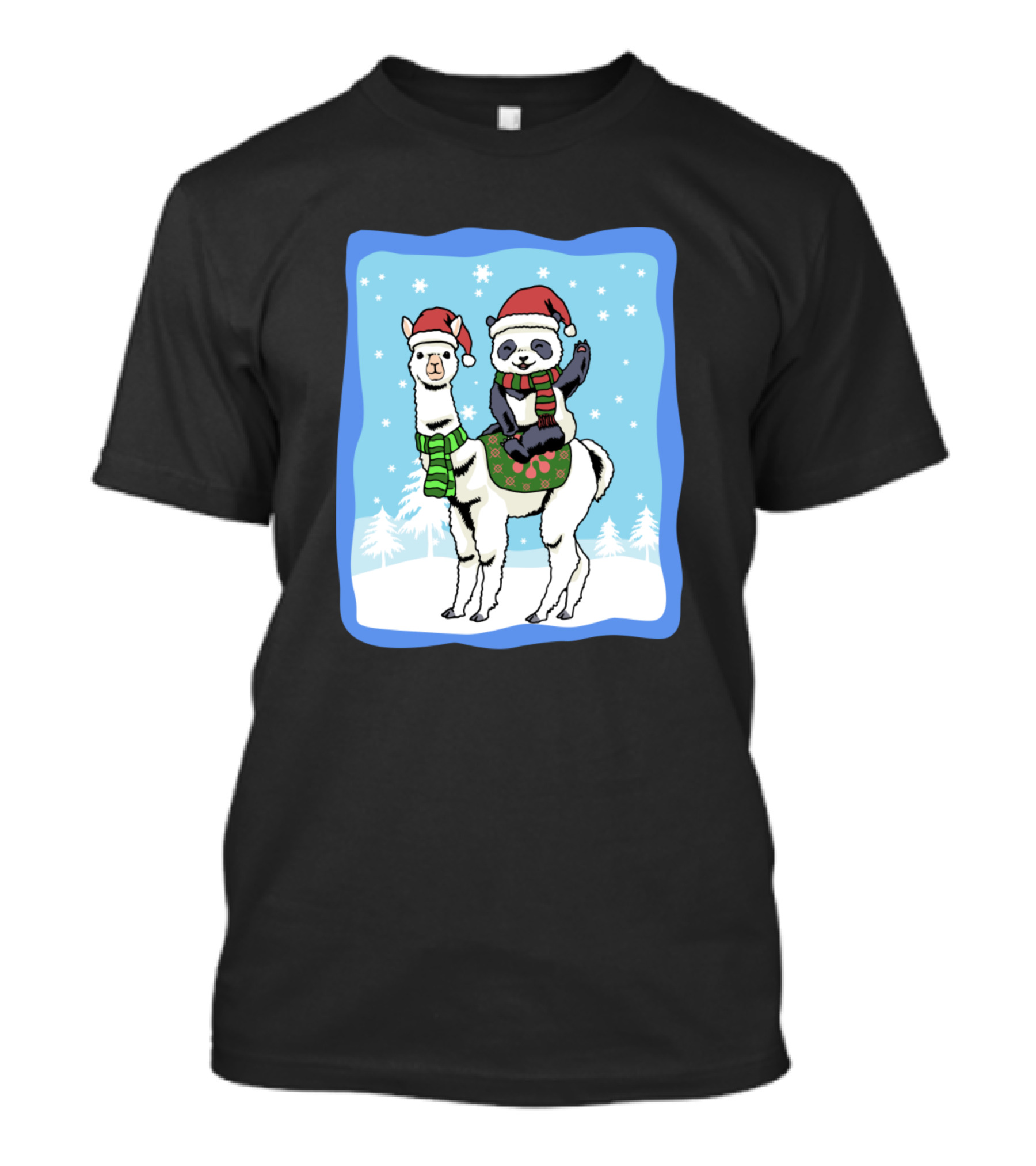 Alpaca Panda Merry Christmas Santa Hat Snow Scene T-Shirt