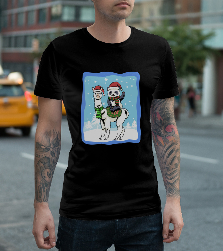 Alpaca Panda Merry Christmas Santa Hat Snow Scene T-Shirt