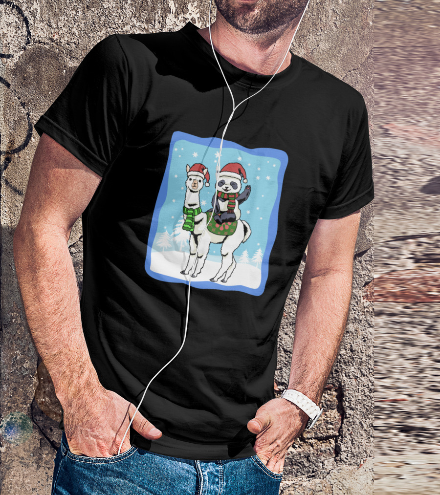 Alpaca Panda Merry Christmas Santa Hat Snow Scene T-Shirt