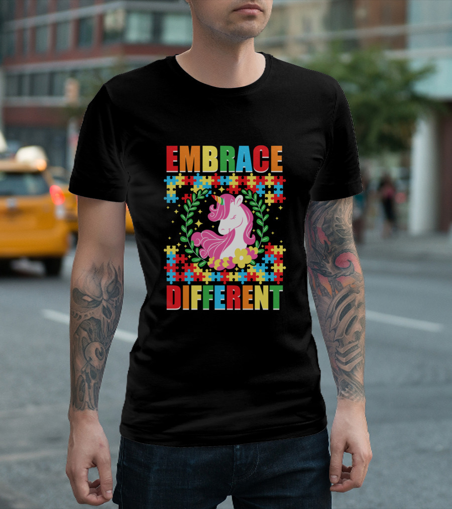 Embrace Different Unicorn Autism Awareness Puzzle T-Shirt