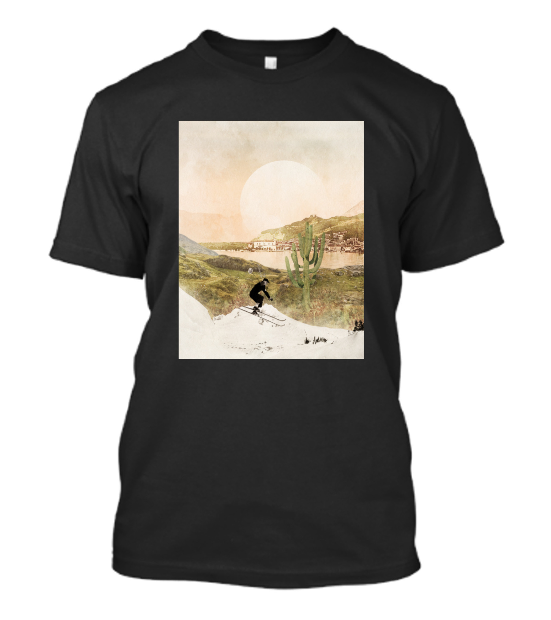 Beyond These Mountains Skiing Adventure With Desert Cactus Landscape And Sun T-Shirt