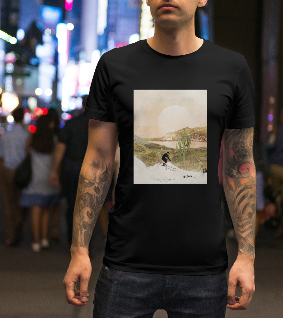 Beyond These Mountains Skiing Adventure With Desert Cactus Landscape And Sun T-Shirt