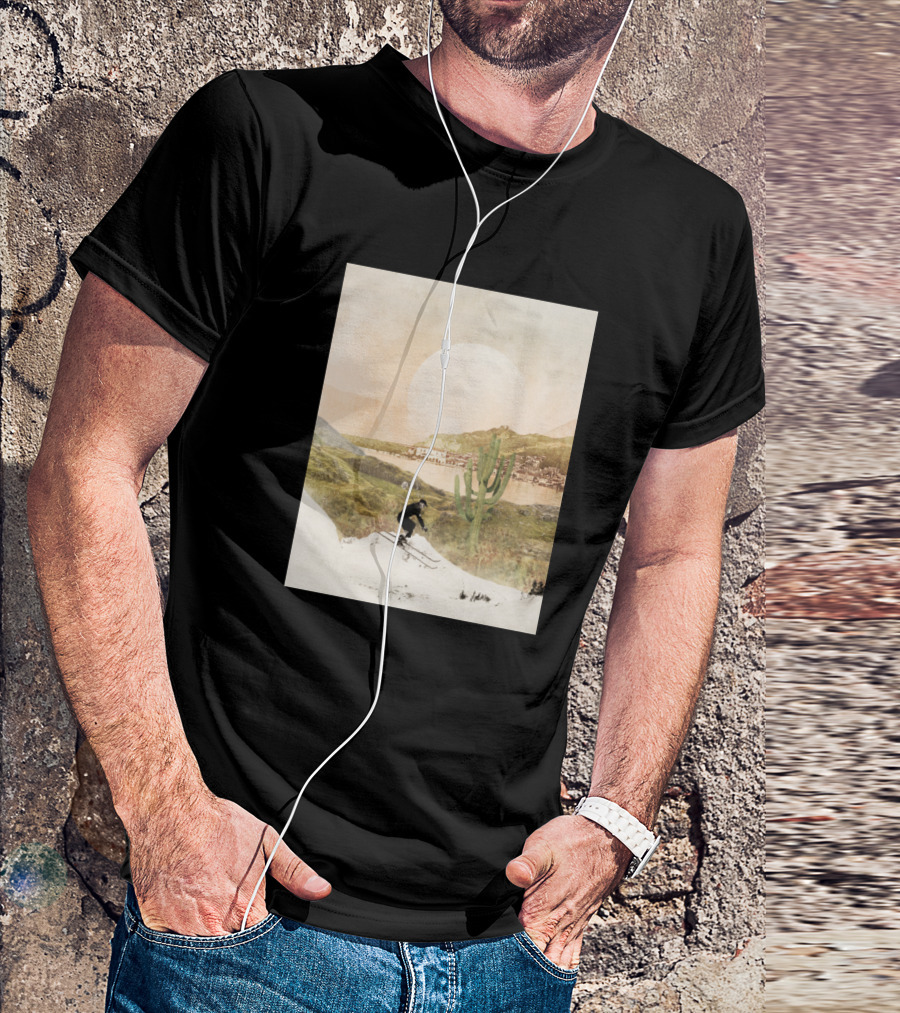 Beyond These Mountains Skiing Adventure With Desert Cactus Landscape And Sun T-Shirt
