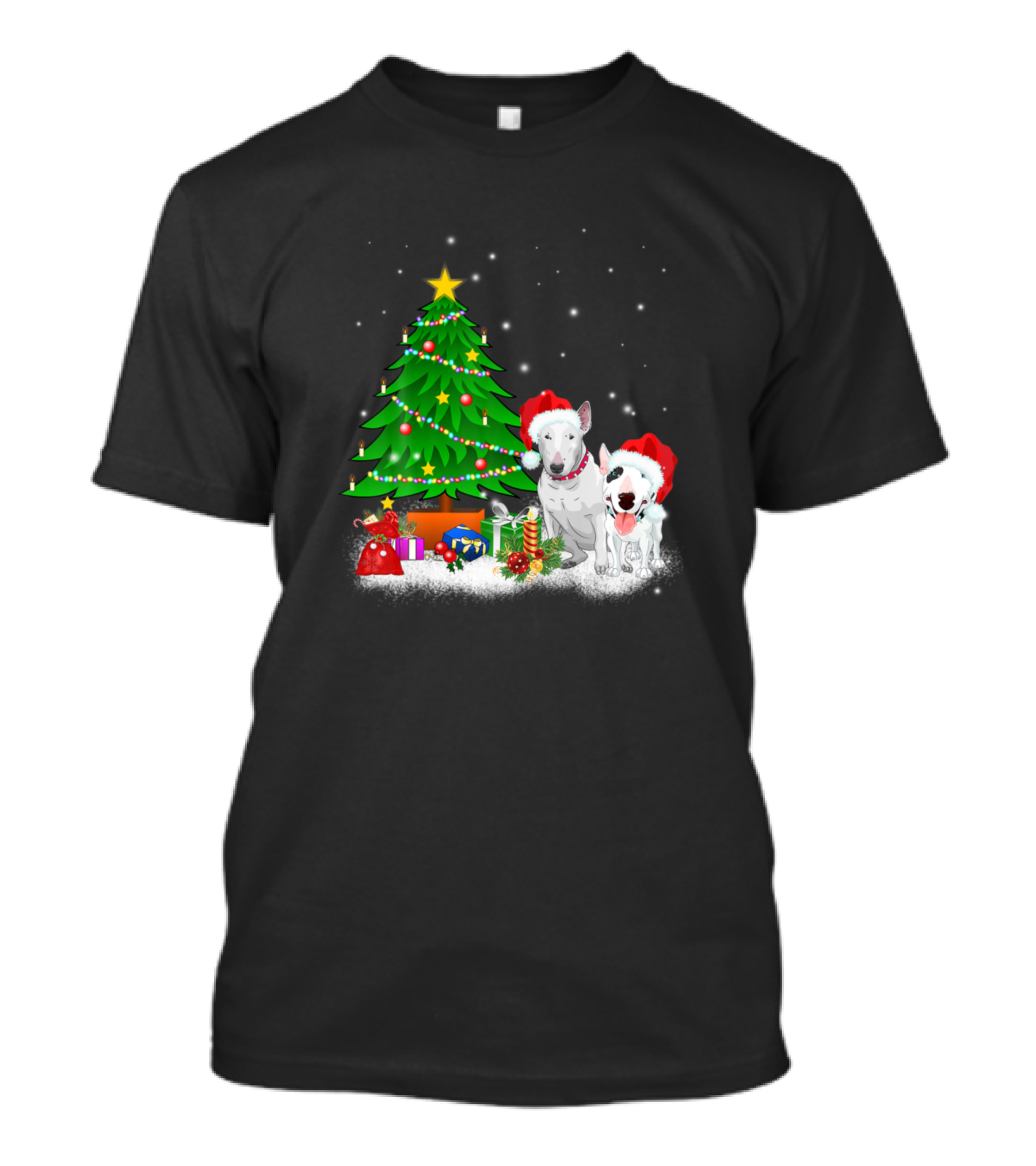 Bull Terrier Christmas Tree With Santa Hats And Presents T-Shirt