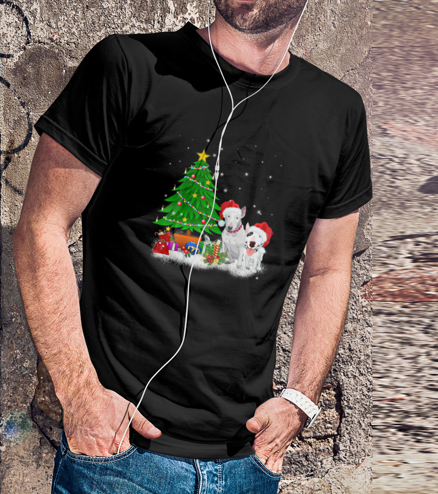 Bull Terrier Christmas Tree With Santa Hats And Presents T-Shirt