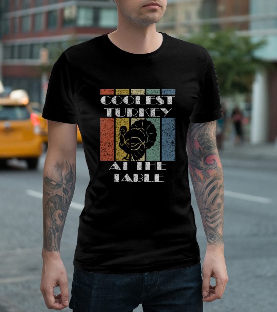 Coolest Turkey At The Table Retro Stripes Thanksgiving T-Shirt