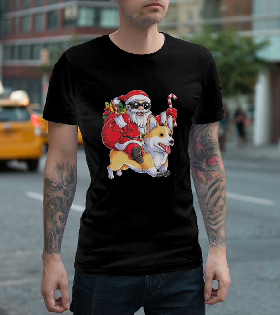 Corgi Santa Riding with Gift Sack and Candy Cane T-Shirt