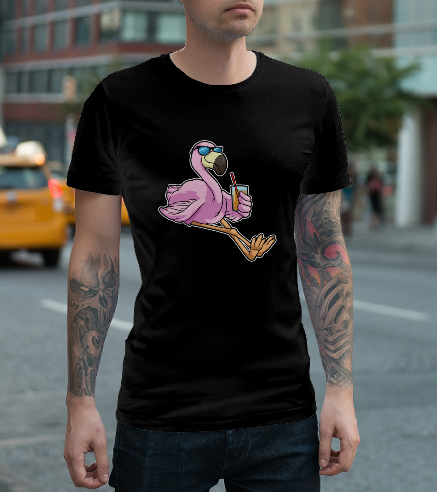 Flamingo Sipping Drink Through Straw with Sunglasses T-Shirt