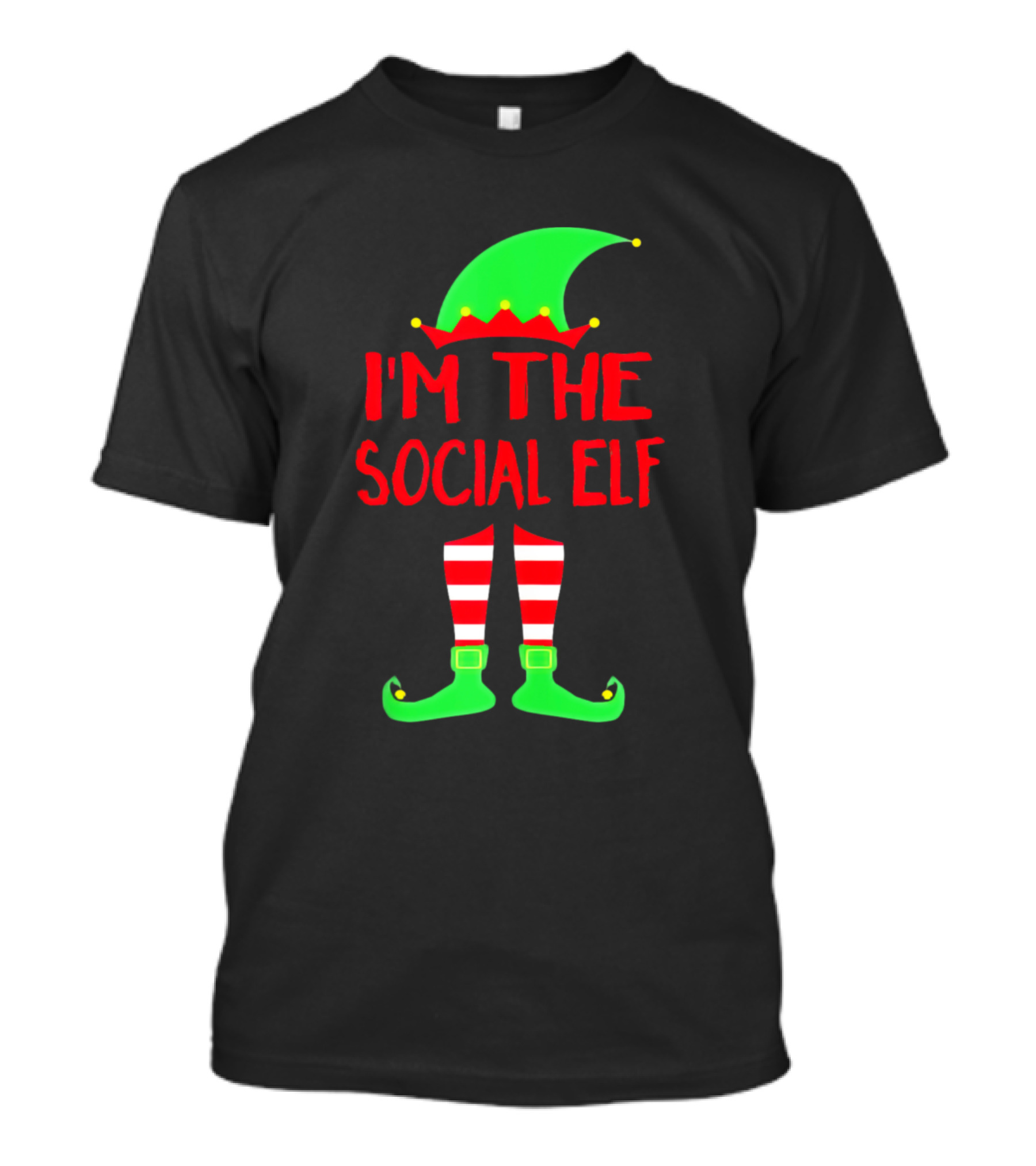 IM THE SOCIAL ELF Elf Hat Striped Stockings Green Shoes T-Shirt