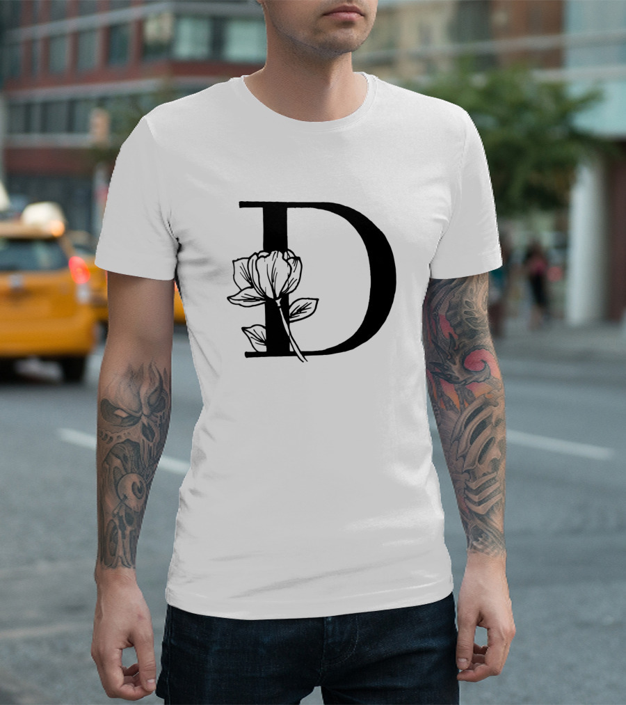 D Floral Initial with Rose Bloom T-Shirt