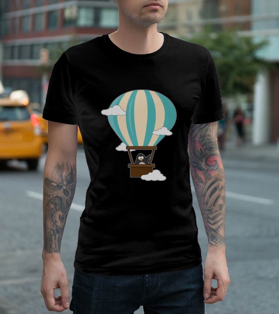 Penguin Flying in Striped Hot Air Balloon Among Clouds T-Shirt