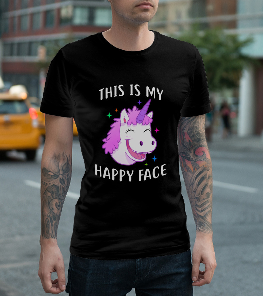 Unicorn This Is My Happy Face With Smiling Character and Colorful Stars T-Shirt