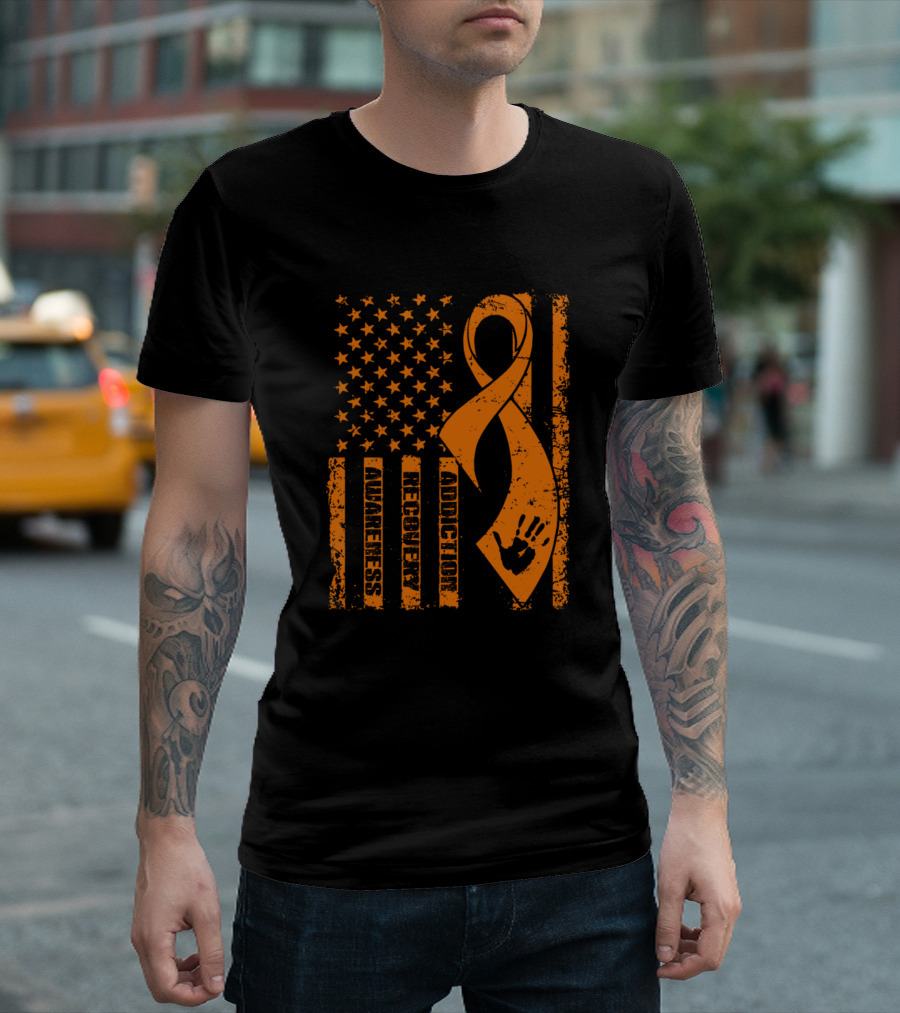 Addiction Awareness Recovery Flag Ribbon and Handprint T-Shirt
