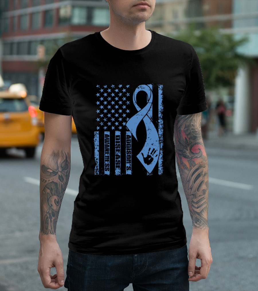 Addisons Disease Awareness American Flag Blue Ribbon Handprint T-Shirt
