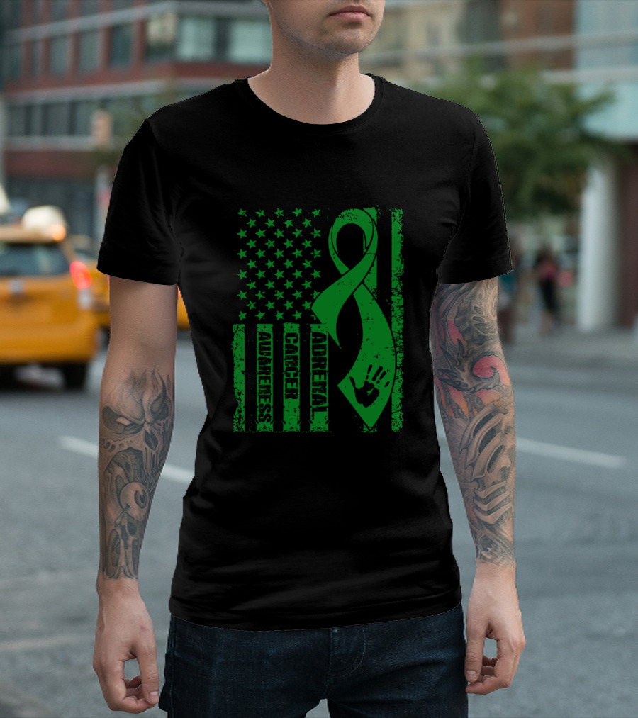 Adrenal Cancer Awareness Green Ribbon Flag T-Shirt
