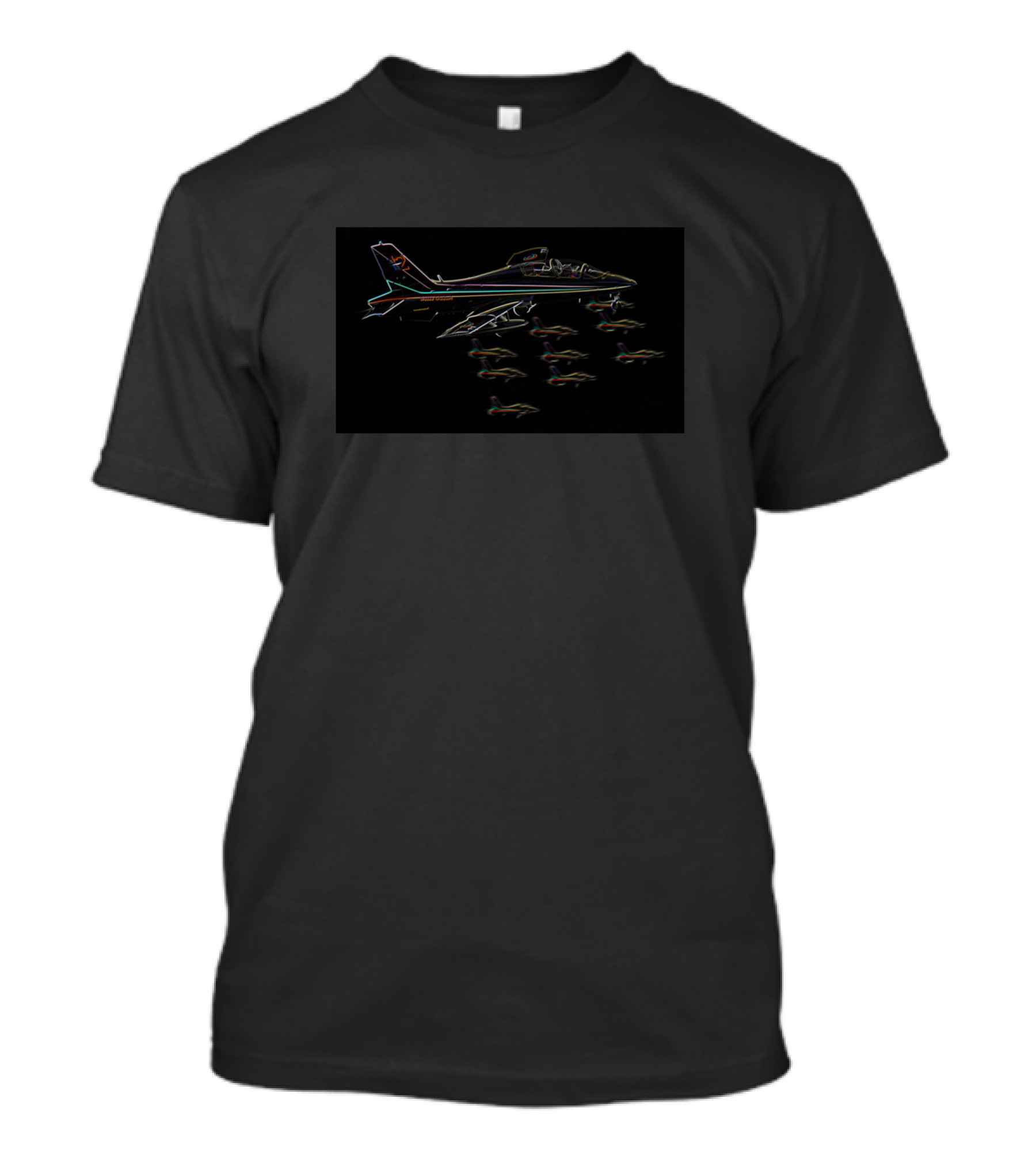 Frecce Jet Aircraft Flypast In Neon Formation In Night Sky T-Shirt