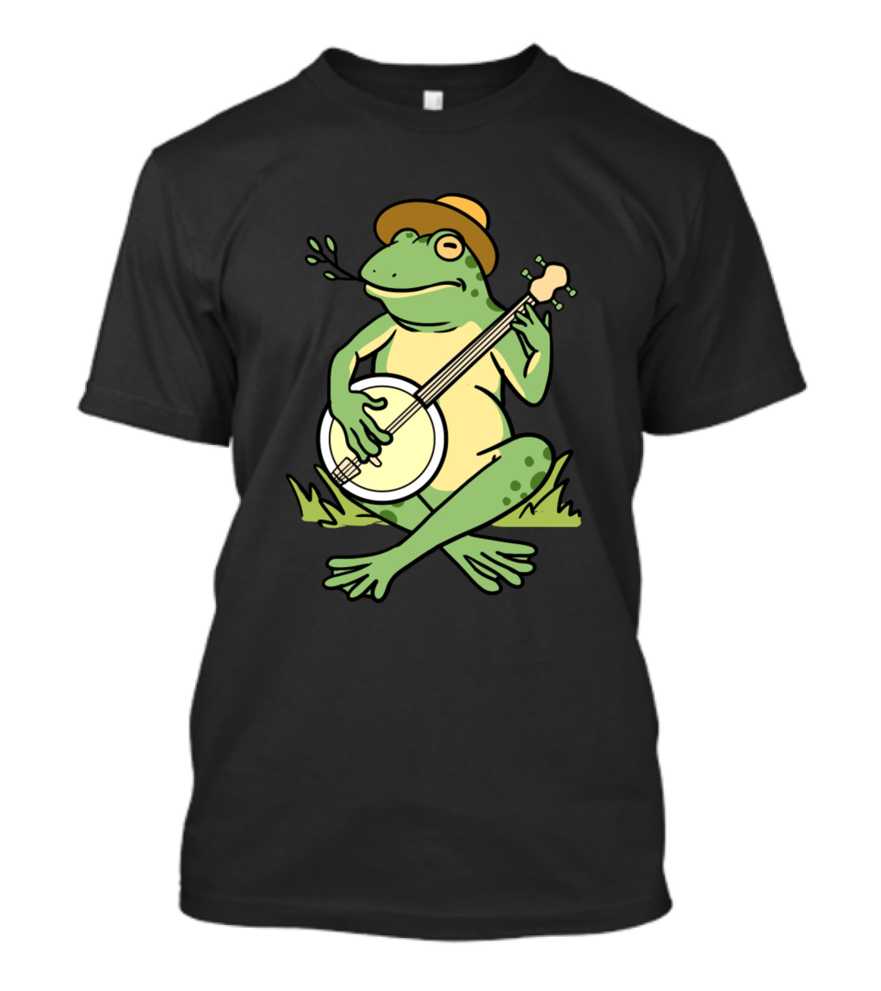Frog Playing Banjo Wearing Hat Sitting On Grass T-Shirt