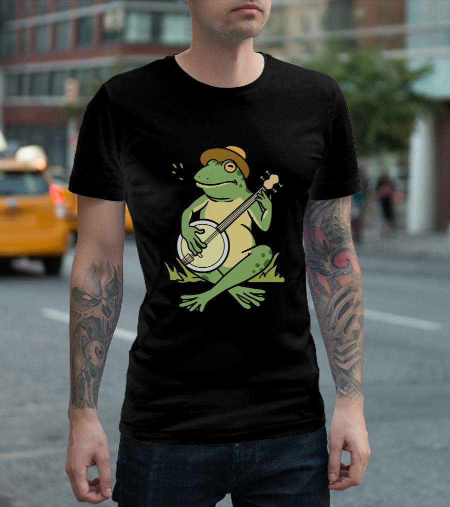 Frog Playing Banjo Wearing Hat Sitting On Grass T-Shirt