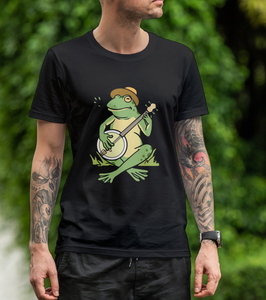 Frog Playing Banjo Wearing Hat Sitting On Grass T-Shirt