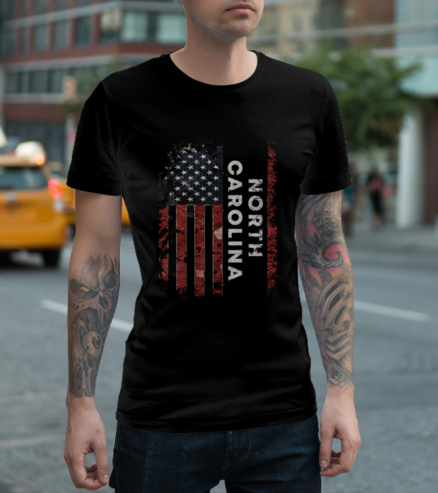 North Carolina Vertical Text Distressed American Flag T-Shirt