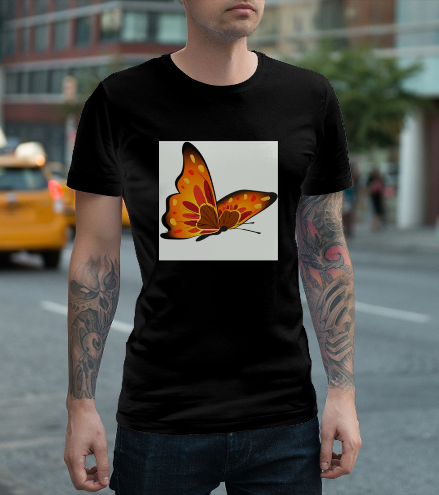 Orange Brown Coral Yellow and Black Butterfly on White Square T-Shirt