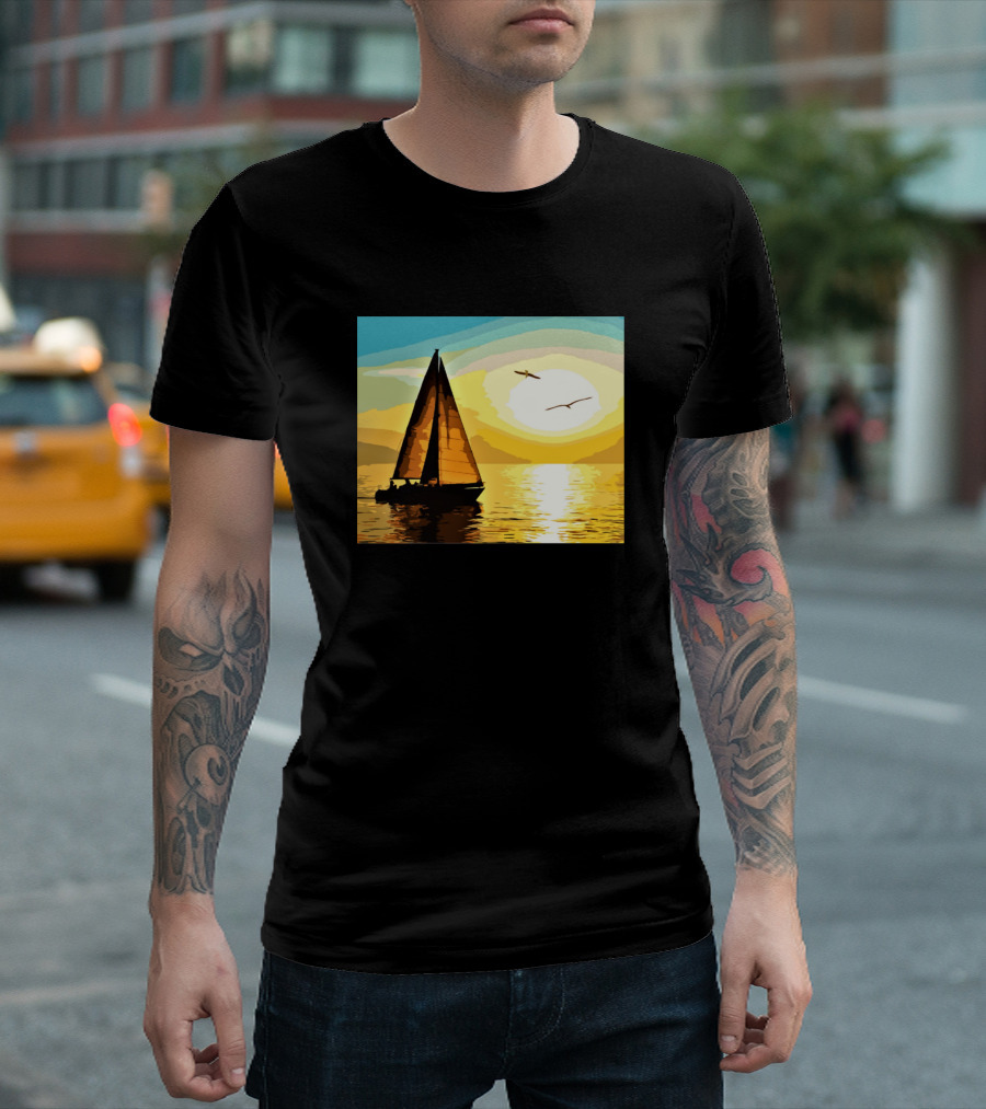 Sailboat and Sunset Reflection with Birds Over Water T-Shirt