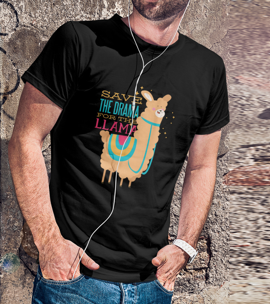 Save The Drama For The Llama Colorful Cartoon Llama With Stars T-Shirt