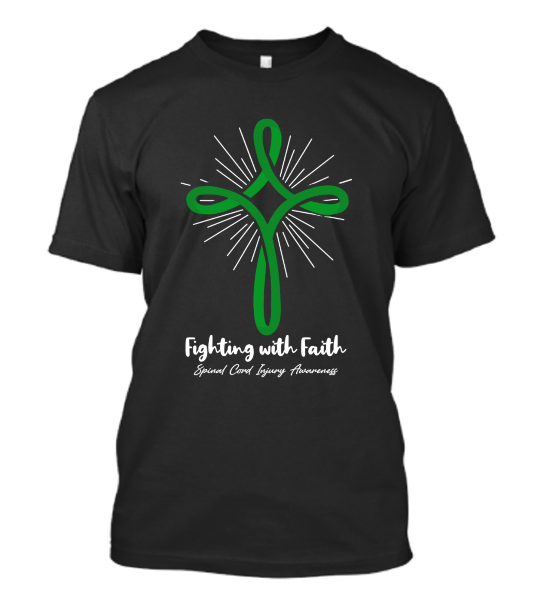 Fighting With Faith Spinal Cord Injury Awareness Green Ribbon Cross T-Shirt