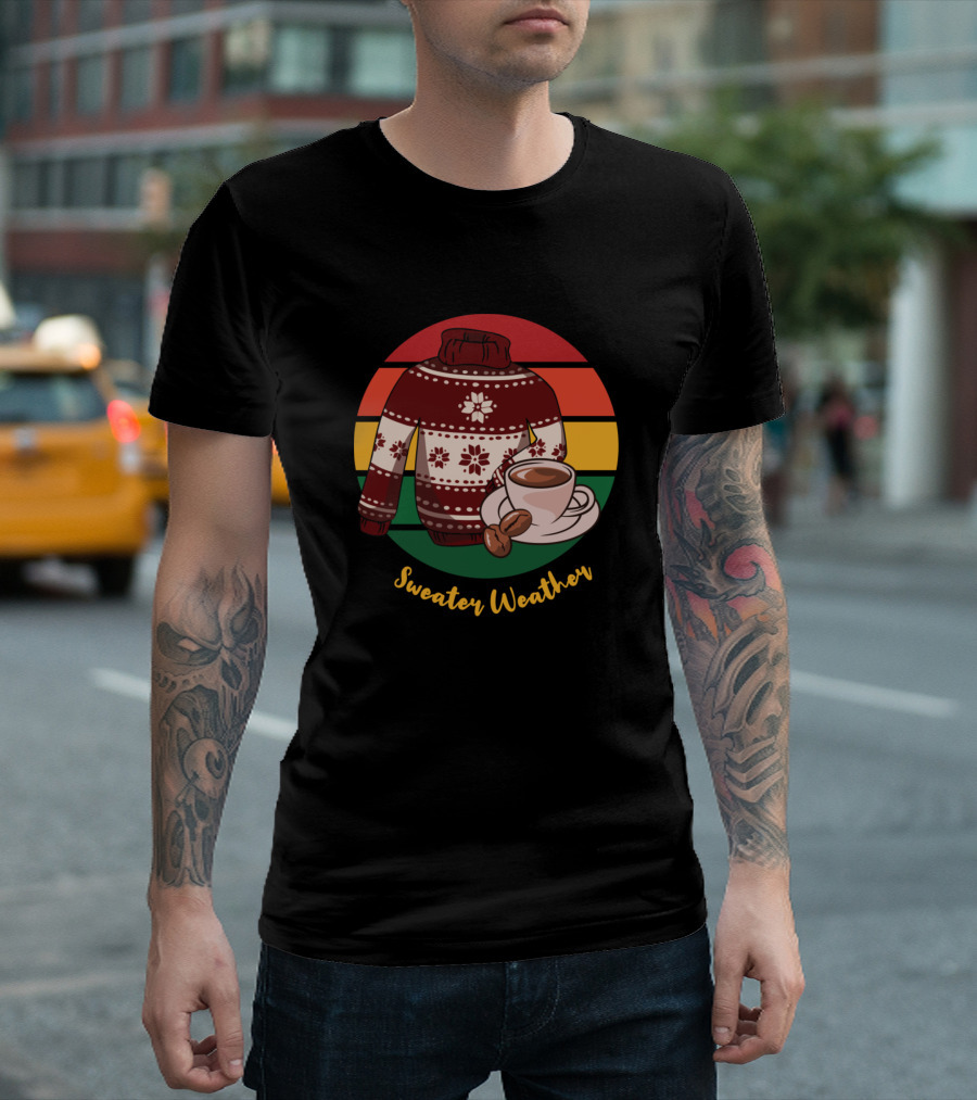 Sweater Weather Christmas Coffee Mustard Text Retro Stripes T-Shirt
