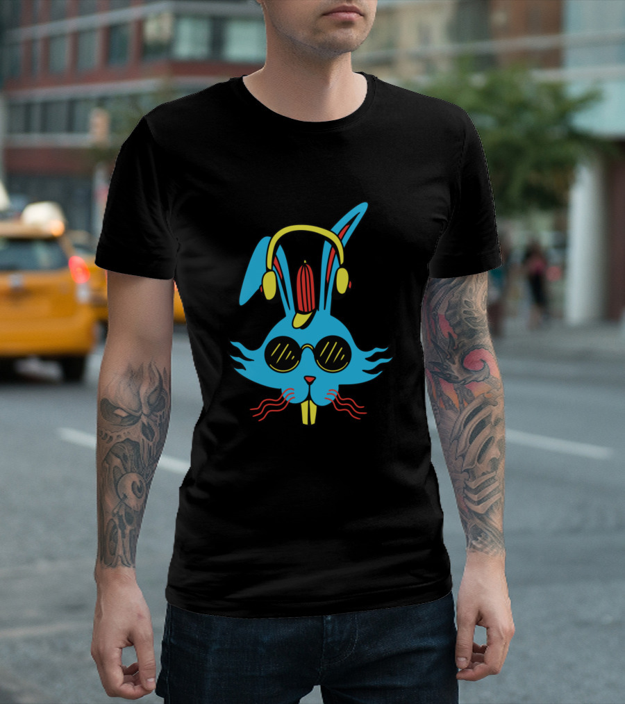 Cartoon Bunny With Headphones And Sunglasses Vibrant Neon T-Shirt