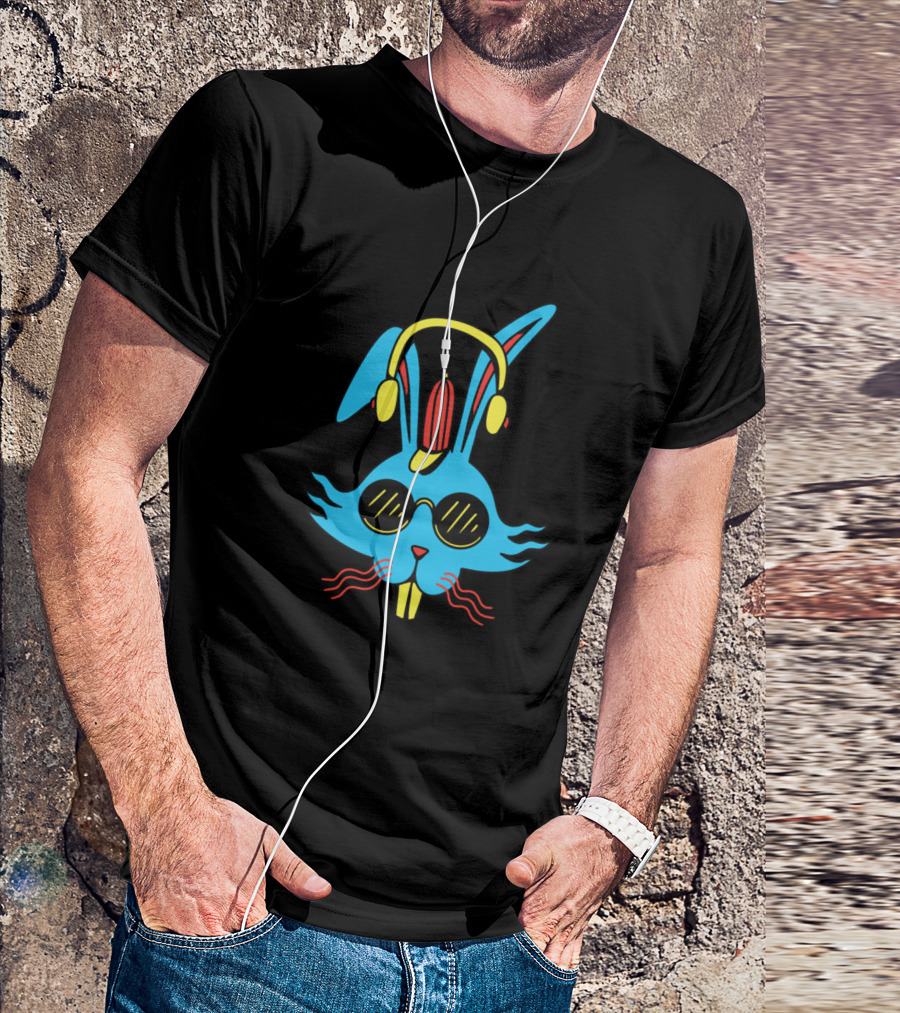 Cartoon Bunny With Headphones And Sunglasses Vibrant Neon T-Shirt