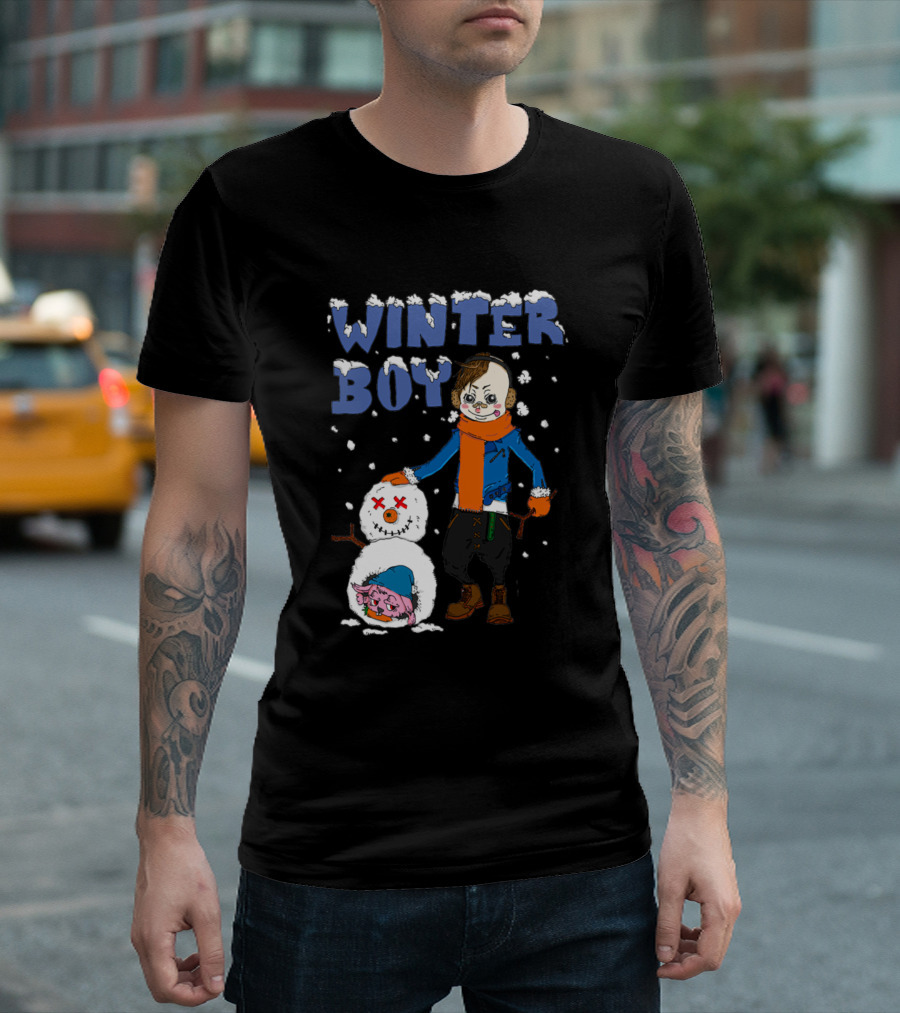Winter Boy Snowman Santa Christmas Tree T-Shirt
