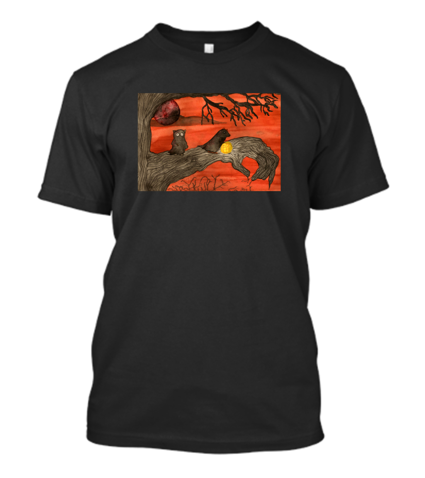 Evil Doers Pinocchio Owl And Raven On Tree Branch With Pumpkin In Spooky Red Sky T-Shirt