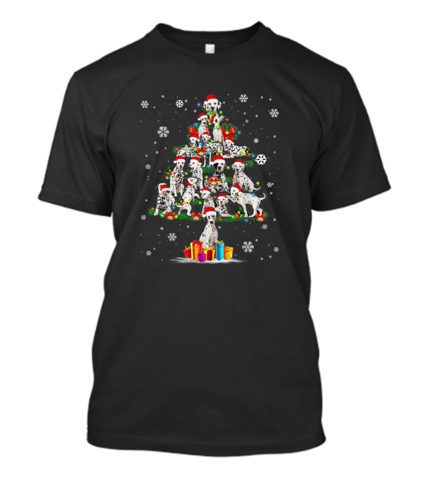 Dalmatian Christmas Tree Snowflakes Santa Hats And Gifts T-Shirt