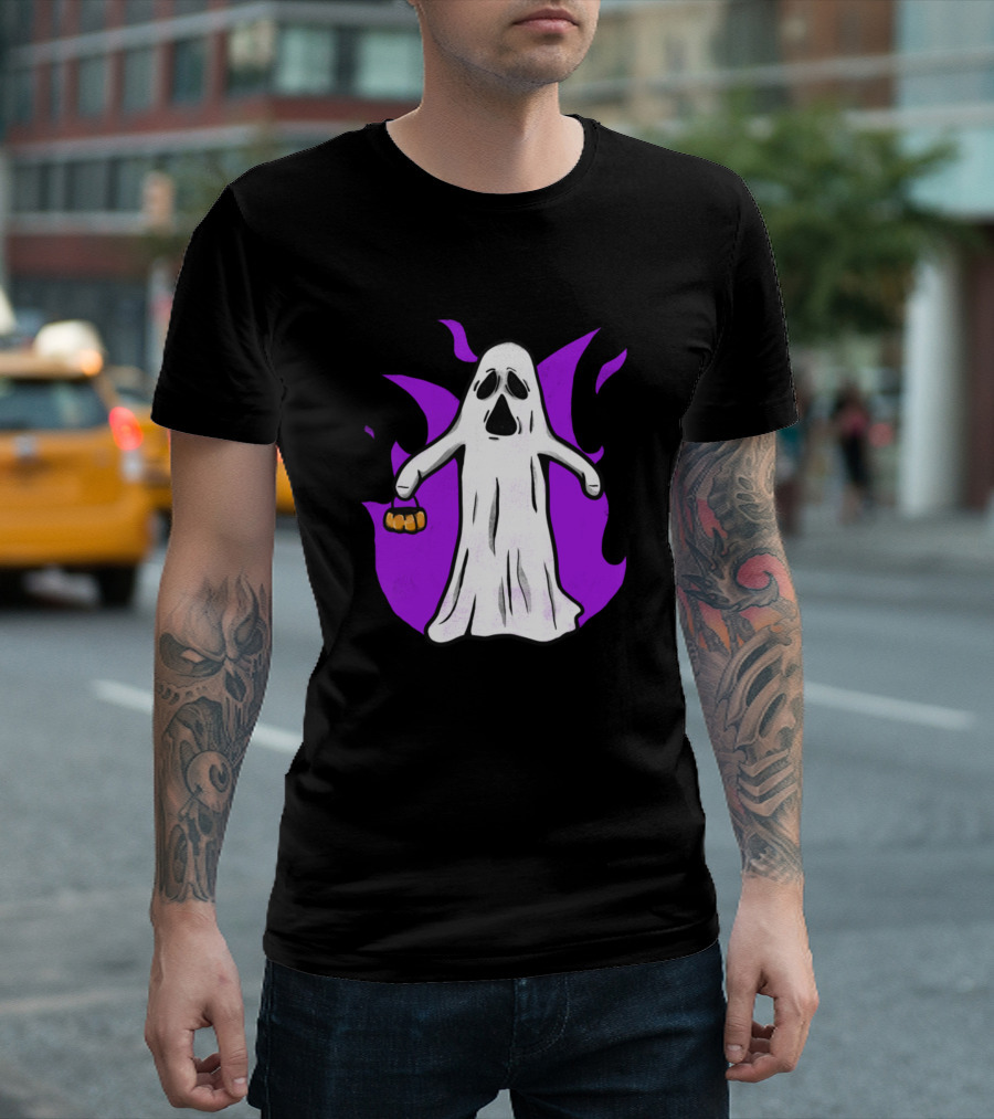 Give Me All Your Cookies Ghost with Pumpkin Bucket on Purple Flame Background T-Shirt