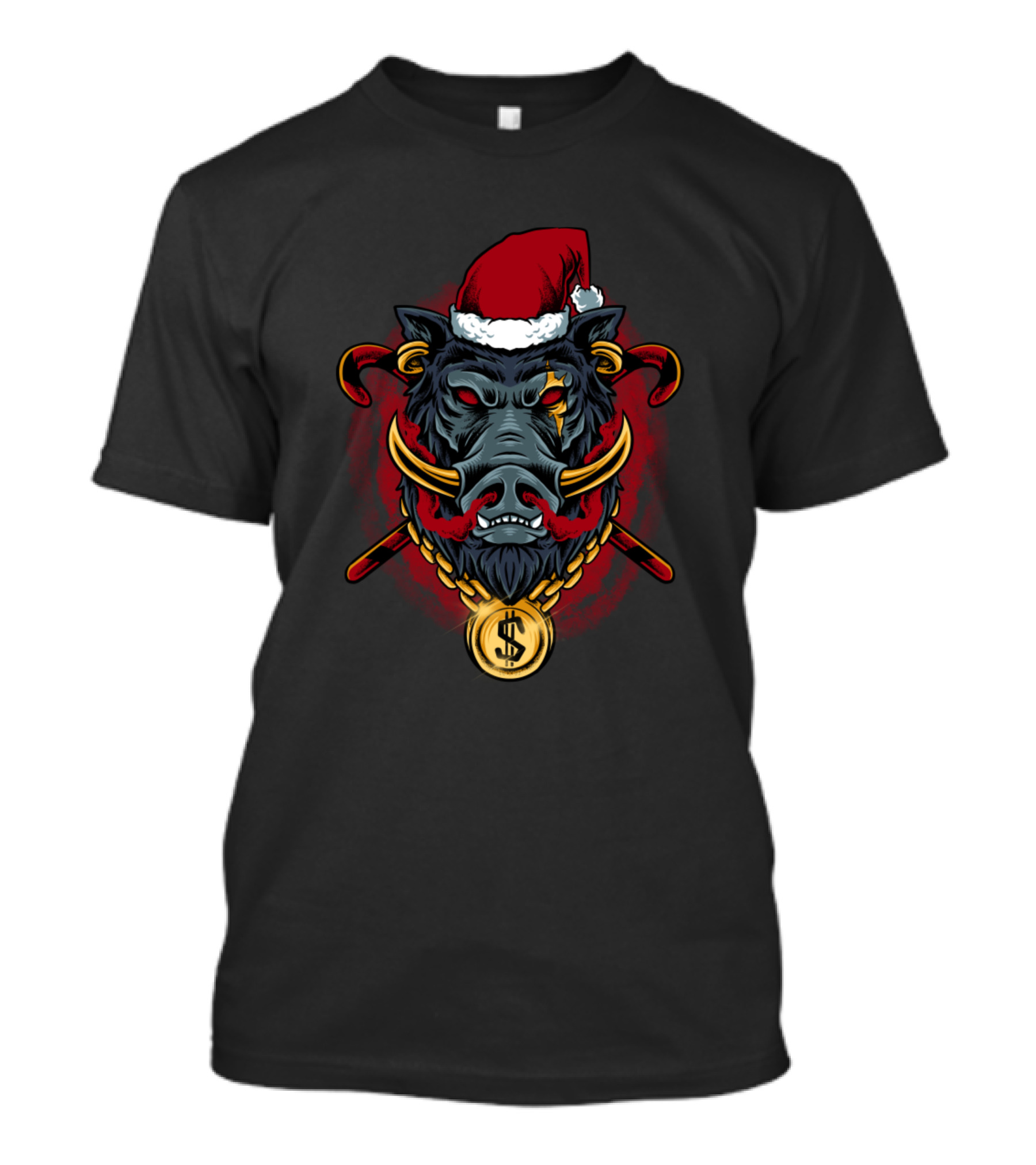Golden Boar Santa Hat Dollar Chain Crossed Candy Canes T-Shirt