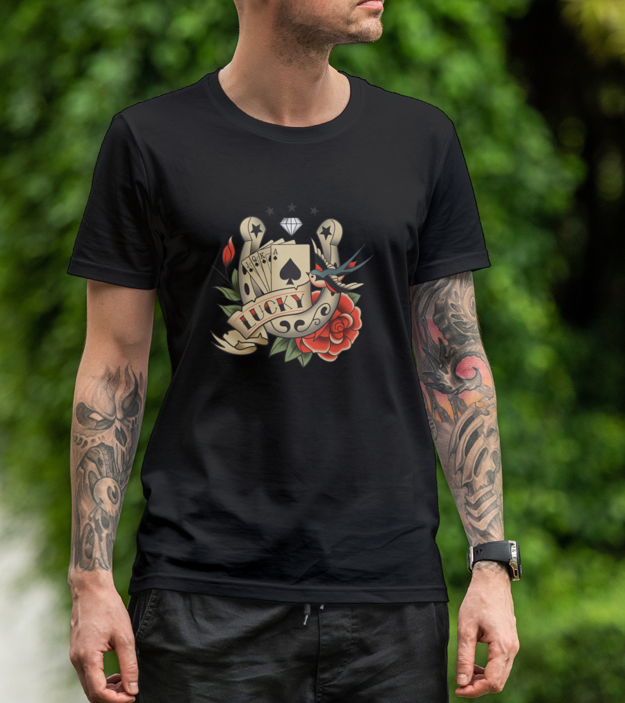 Lucky Card Horseshoe Rose Tattoo T-Shirt