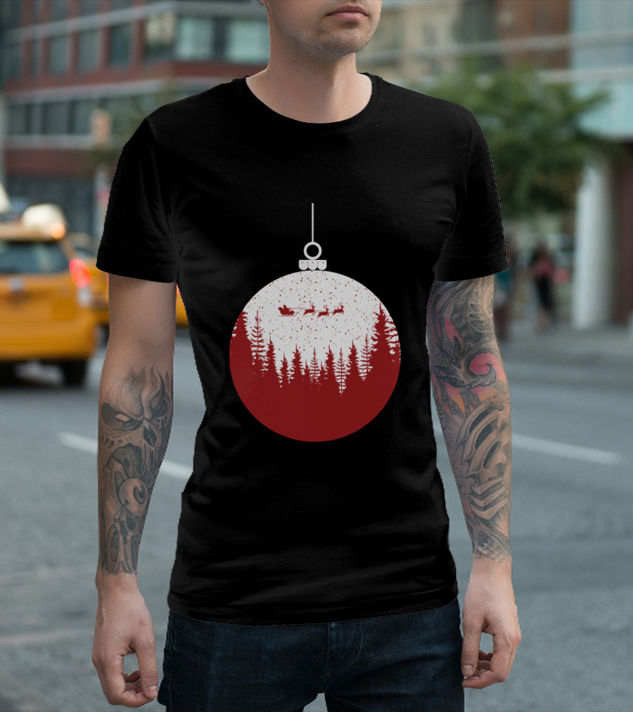 Merry Christmas And Happy New Year Festive Ornament With Santa Sleigh And Pine Trees T-Shirt