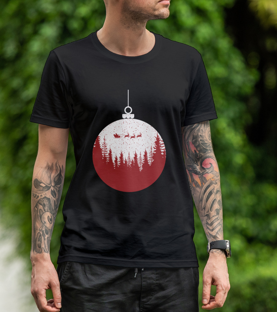 Merry Christmas And Happy New Year Festive Ornament With Santa Sleigh And Pine Trees T-Shirt