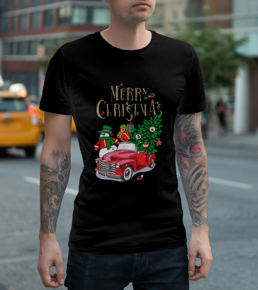 Merry Christmas Snowman and Red Car with Christmas Tree and Presents T-Shirt