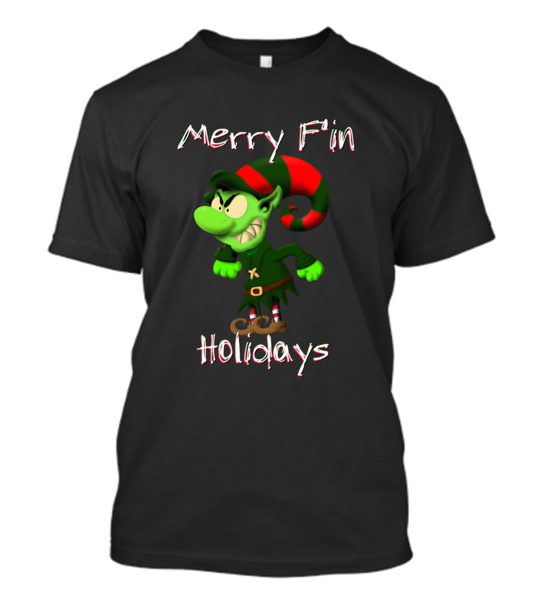 Merry Fin Holidays Green Elf With Red And Green Striped Hat T-Shirt