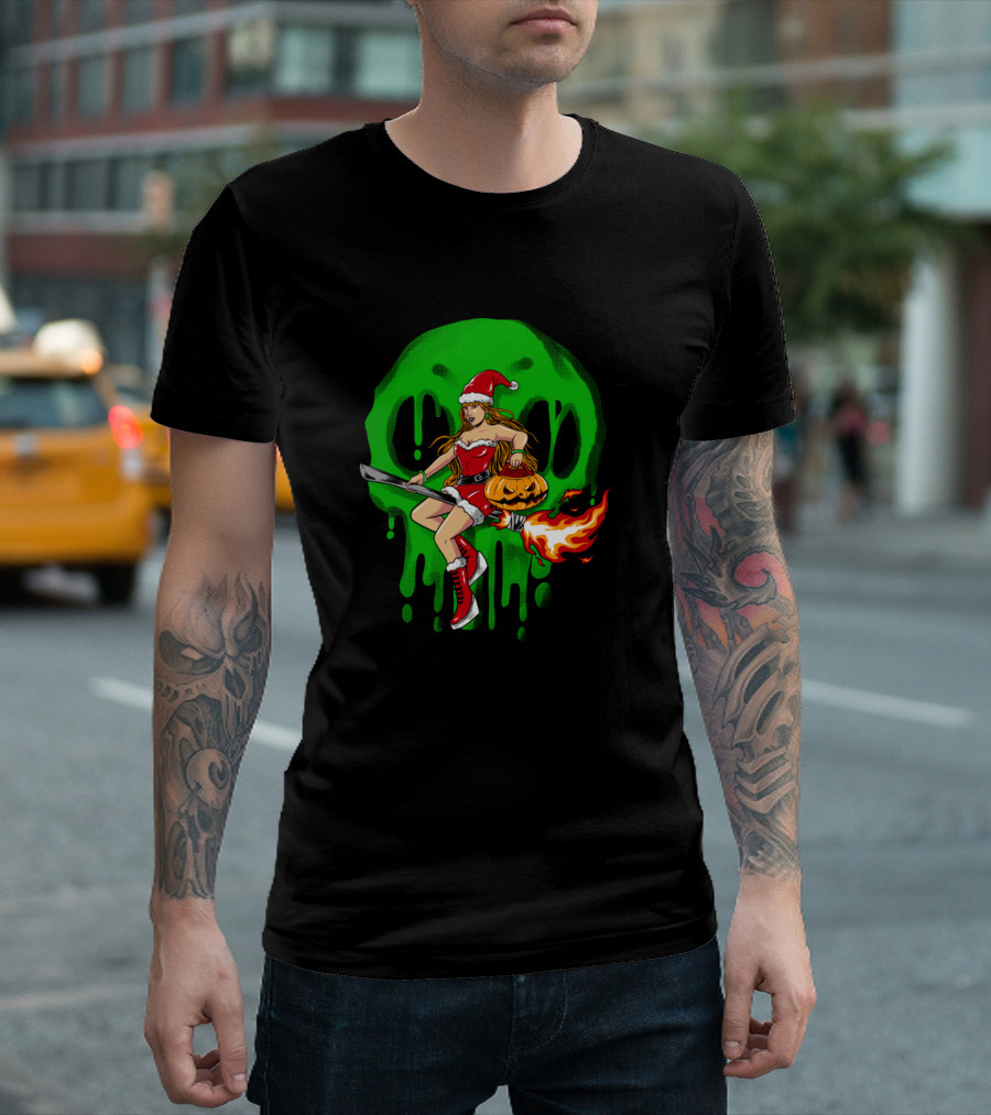 Moon Witch Santa Halloween Pumpkin Flame Broomstick Dripping Green Skull T-Shirt