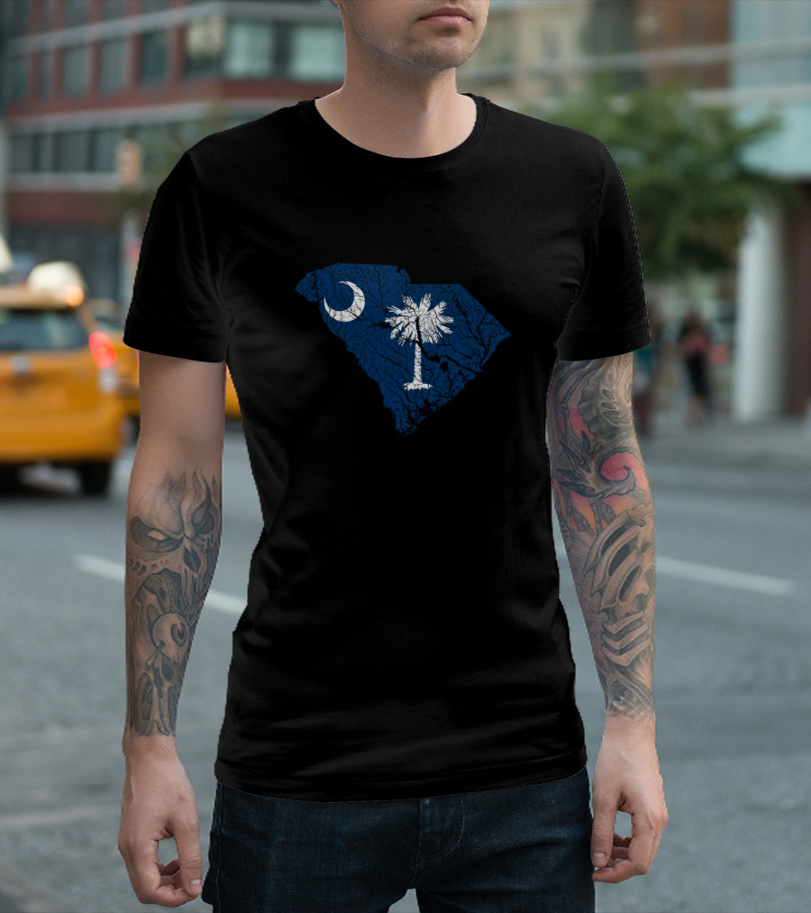 South Carolina Crescent Moon Palmetto Tree Hydrological Map T-Shirt