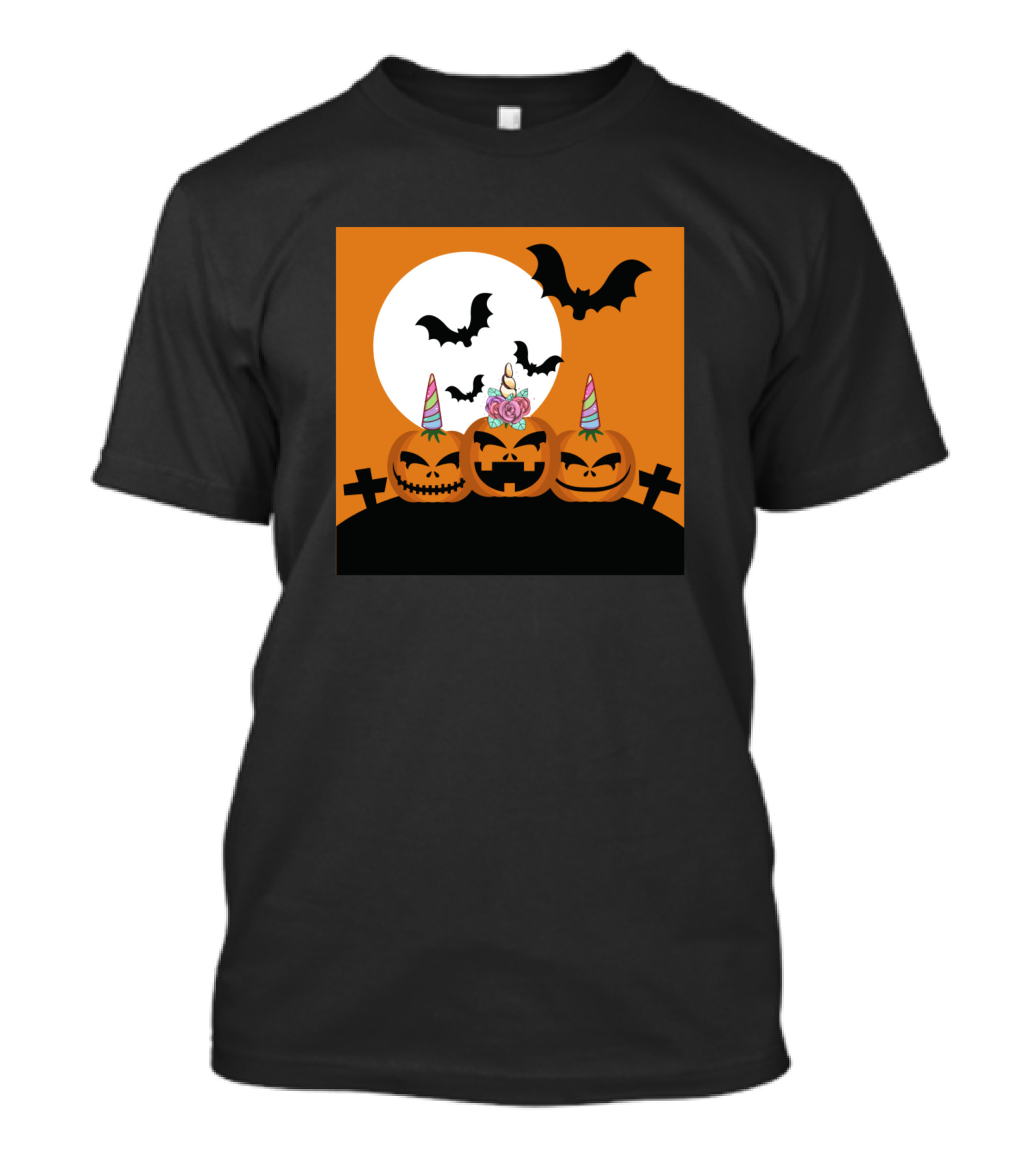 Unicorn Pumpkin Halloween Jack-O'-Lanterns With Bats And Full Moon T-Shirt