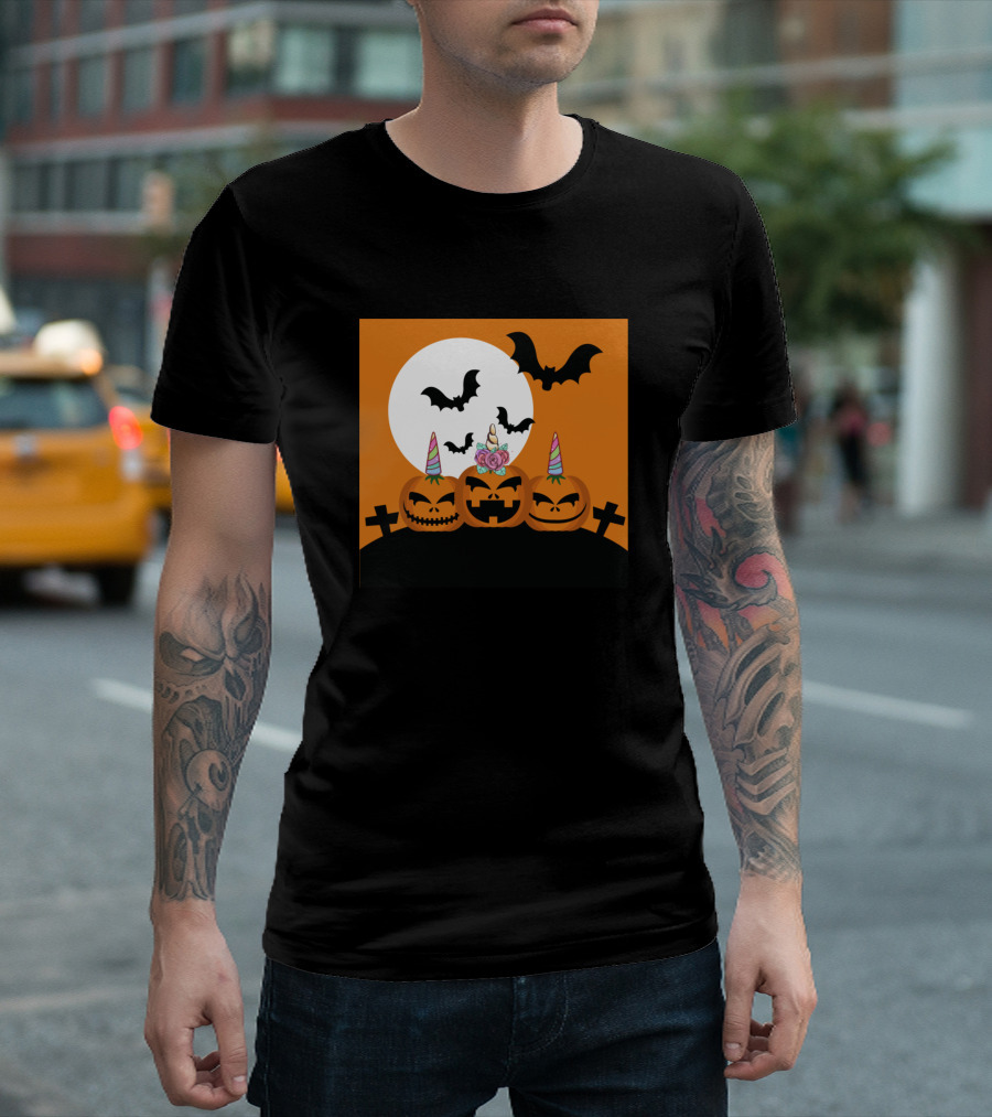 Unicorn Pumpkin Halloween Jack-O'-Lanterns With Bats And Full Moon T-Shirt