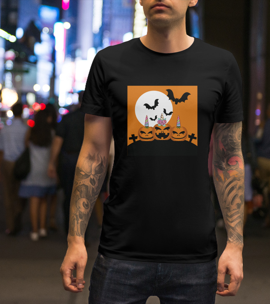 Unicorn Pumpkin Halloween Jack-O'-Lanterns With Bats And Full Moon T-Shirt