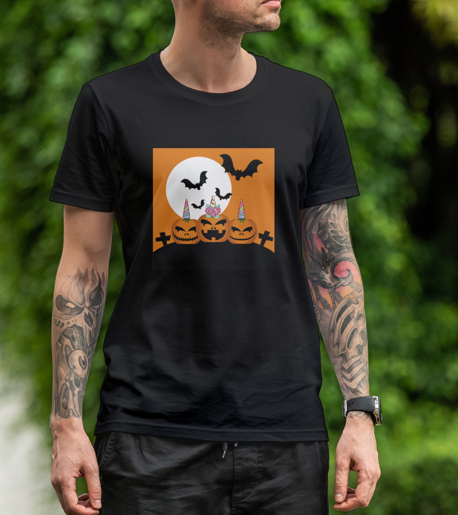 Unicorn Pumpkin Halloween Jack-O'-Lanterns With Bats And Full Moon T-Shirt